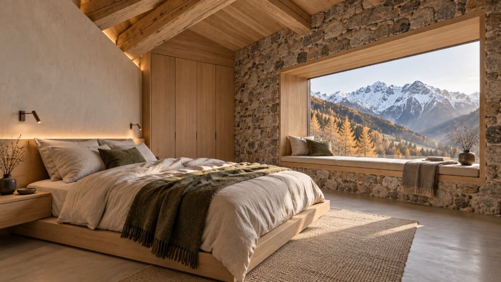 Primary bedroom with a low oak bed and a window seat facing the peaks.