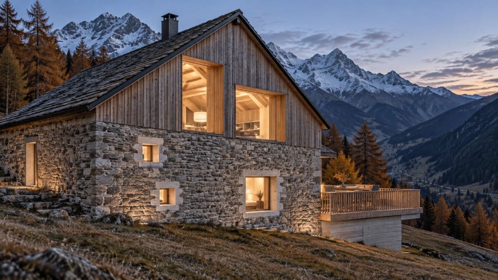 Graubünden stone and larch farmhouse at blue hour, windows glowing over the valley.