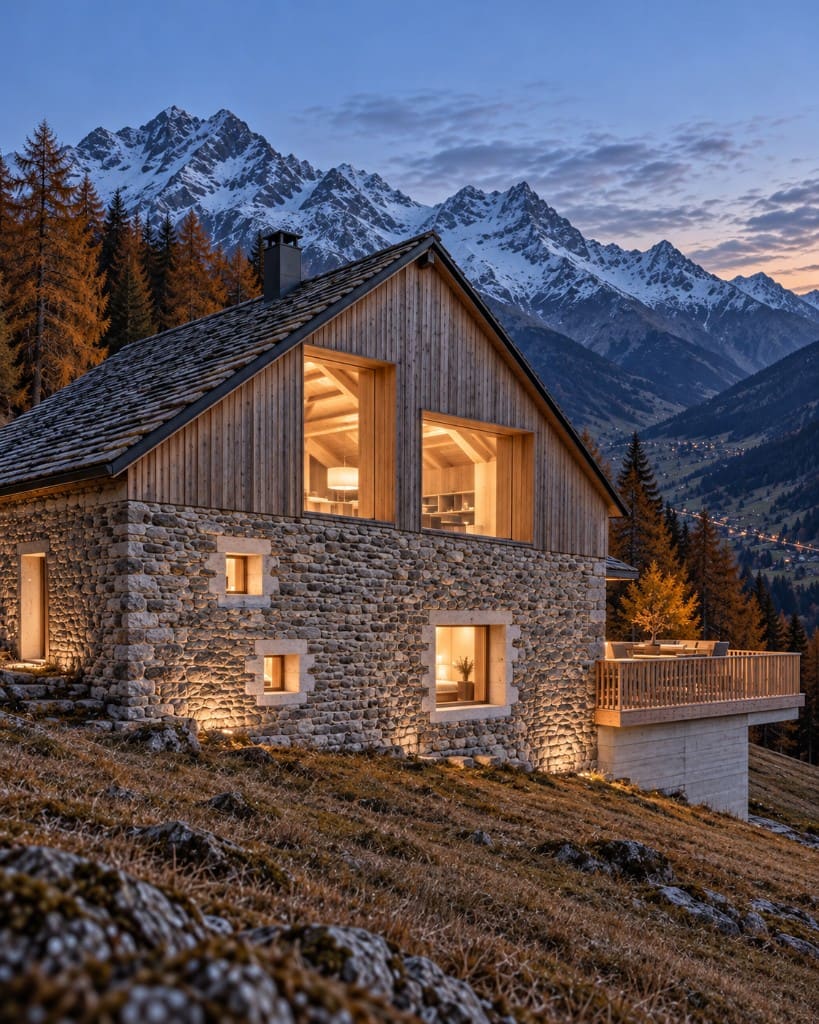 Stone and larch farmhouse at blue hour, windows warm against the peaks.