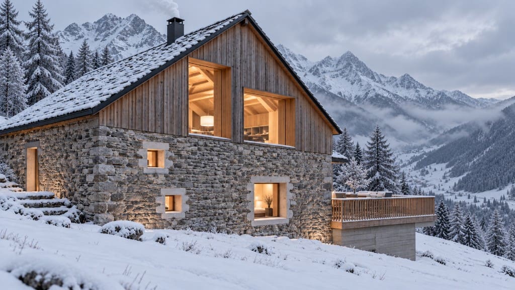The same farmhouse in fresh snow, chimney smoke on an overcast morning.