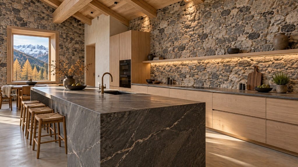 Oak kitchen with a monolithic dark stone island against raw granite.