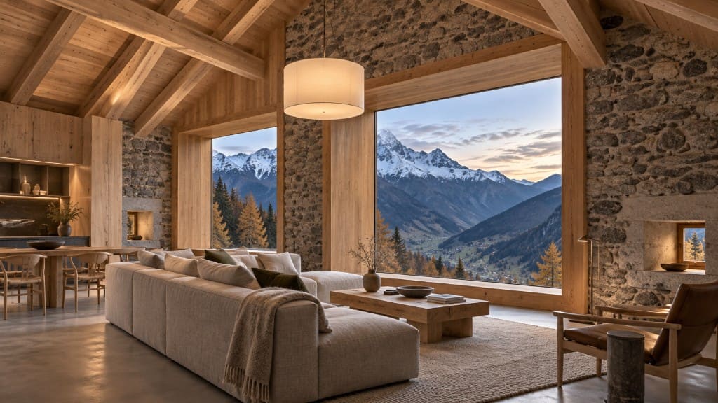 Living room under pale roof trusses, valley framed by the gable windows.